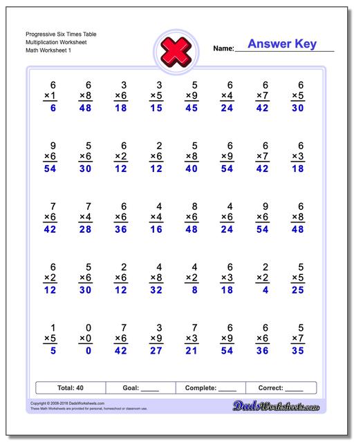 Multiplication Worksheet Progressive Six Times Table Worksheet