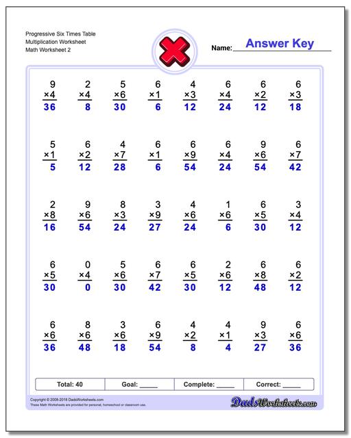 Progressive Six Times Table Multiplication Worksheet www.dadsworksheets.com/worksheets/multiplication.html