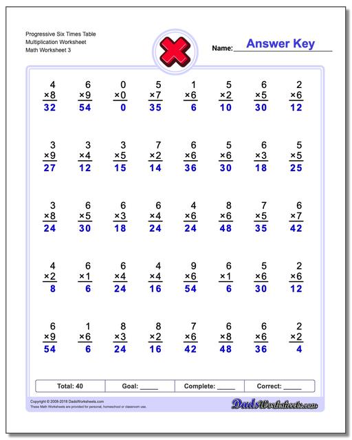 Progressive Six Times Table Multiplication Worksheet