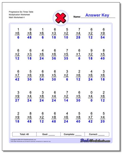 Progressive Six Times Table Multiplication Worksheet