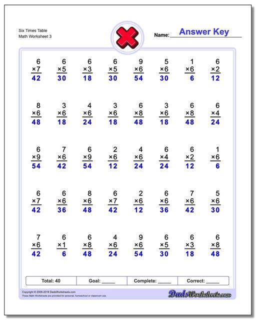 Six Times Table Worksheet