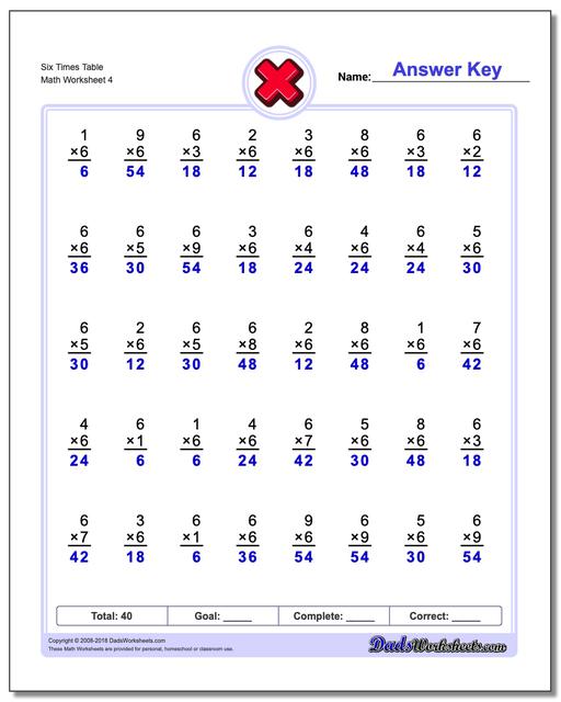 Six Times Table Worksheet