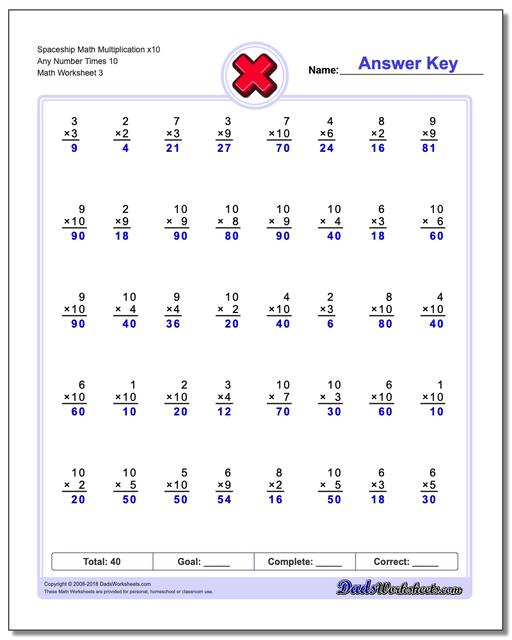 Spaceship Math Multiplication Worksheet x10 Any Number Times 10