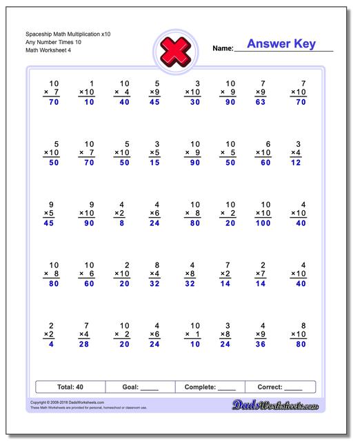 Spaceship Math Multiplication Worksheet x10 Any Number Times 10