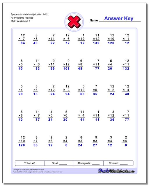 Spaceship Math Multiplication Worksheet 1-12 All Problems Worksheet Practice www.dadsworksheets.com/worksheets/multiplication.html