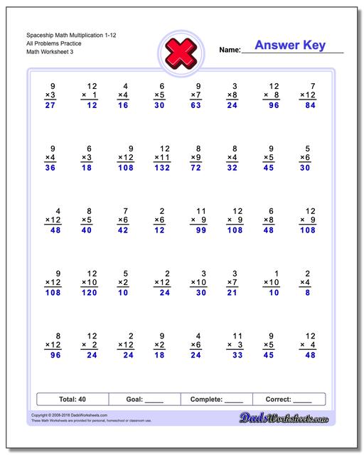 Spaceship Math Multiplication Worksheet 1-12 All Problems Worksheet Practice
