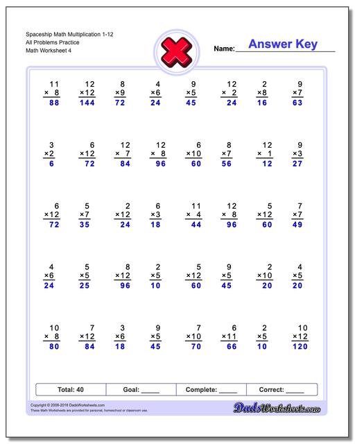 Spaceship Math Multiplication Worksheet 1-12 All Problems Worksheet Practice