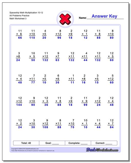 Spaceship Math Multiplication Worksheet 10-12 All Problems Worksheet Practice