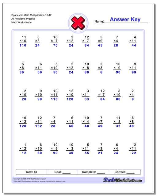 Spaceship Math Multiplication Worksheet 10-12 All Problems Worksheet Practice