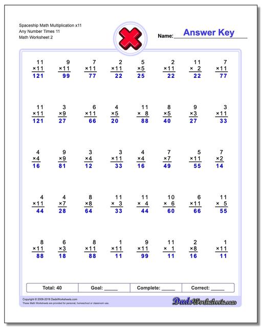 Spaceship Math Multiplication Worksheet x11 Any Number Times 11 www.dadsworksheets.com/worksheets/multiplication.html