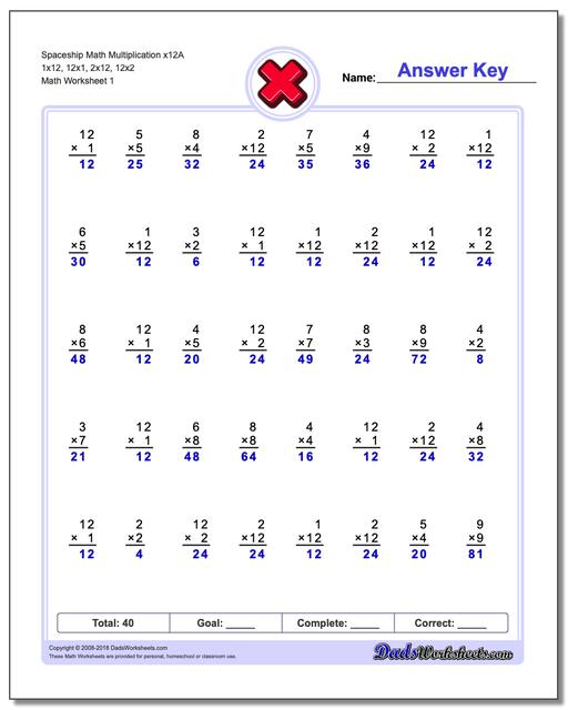 Multiplication Worksheet Spaceship Math x12A 1x12, 12x1, 2x12, 12x2