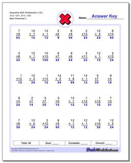 Spaceship Math Multiplication Worksheet x12A 1x12, 12x1, 2x12, 12x2