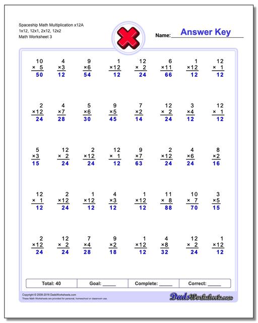 Spaceship Math Multiplication Worksheet x12A 1x12, 12x1, 2x12, 12x2