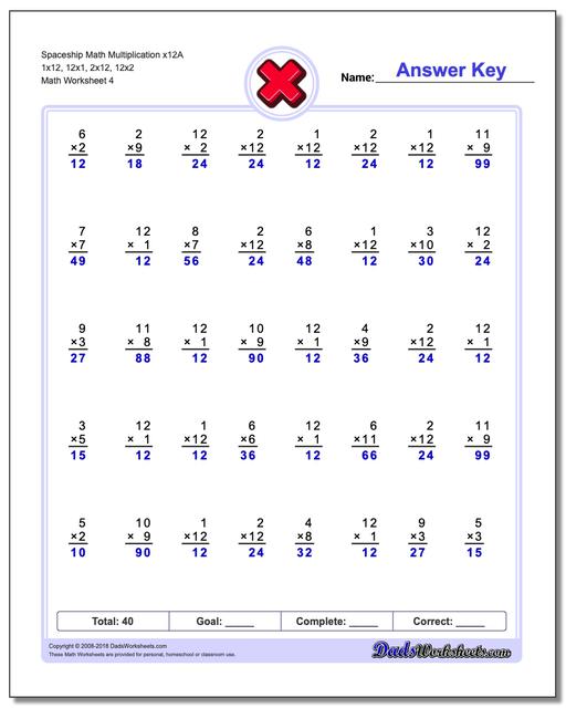 Spaceship Math Multiplication Worksheet x12A 1x12, 12x1, 2x12, 12x2