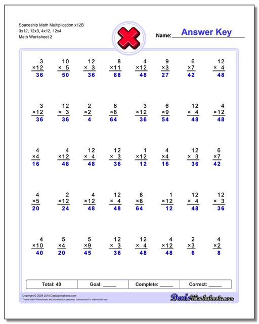 Spaceship Math Multiplication Worksheet x12B 3x12, 12x3, 4x12, 12x4 www.dadsworksheets.com/worksheets/multiplication.html