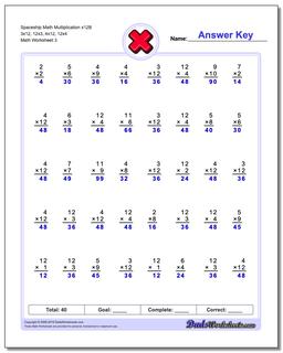 Spaceship Math Multiplication Worksheet x12B 3x12, 12x3, 4x12, 12x4