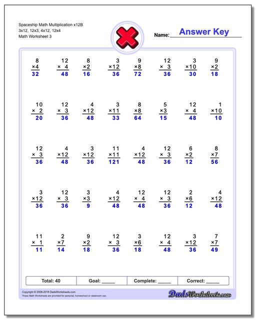 Spaceship Math Multiplication Worksheet x12B 3x12, 12x3, 4x12, 12x4