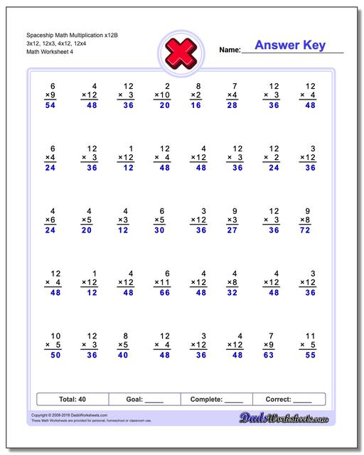 Spaceship Math Multiplication Worksheet x12B 3x12, 12x3, 4x12, 12x4