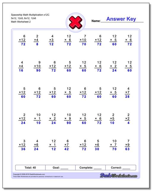 Spaceship Math Multiplication Worksheet x12C 5x12, 12x5, 6x12, 12x6 www.dadsworksheets.com/worksheets/multiplication.html
