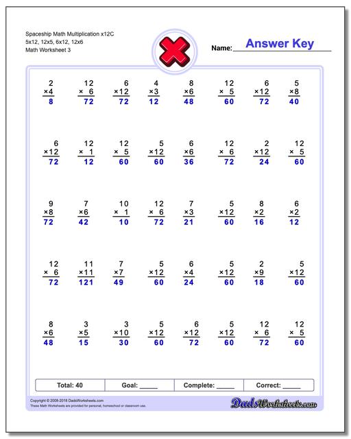 Spaceship Math Multiplication Worksheet x12C 5x12, 12x5, 6x12, 12x6