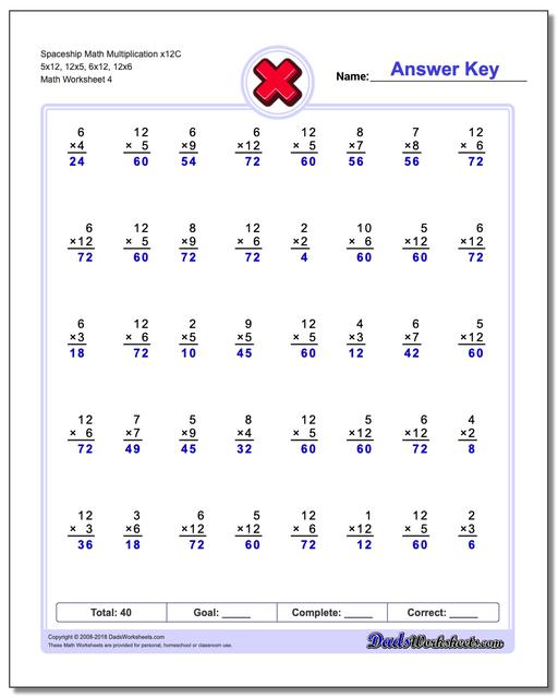 Spaceship Math Multiplication Worksheet x12C 5x12, 12x5, 6x12, 12x6