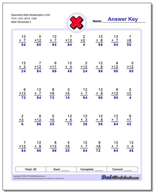 Spaceship Math Multiplication Worksheet x12D 7x12, 12x7, 8x12, 12x8