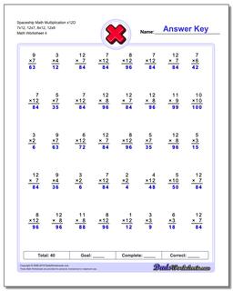 Spaceship Math Multiplication Worksheet x12D 7x12, 12x7, 8x12, 12x8