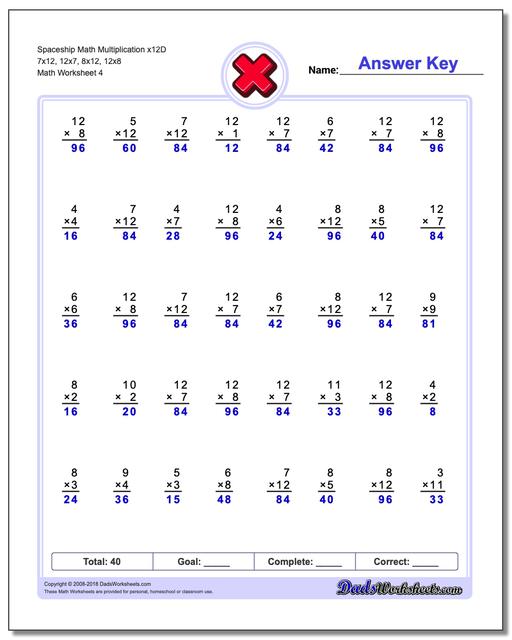 Spaceship Math Multiplication Worksheet x12D 7x12, 12x7, 8x12, 12x8