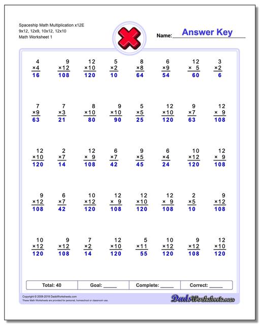 Multiplication Worksheet Spaceship Math x12E 9x12, 12x9, 10x12, 12x10