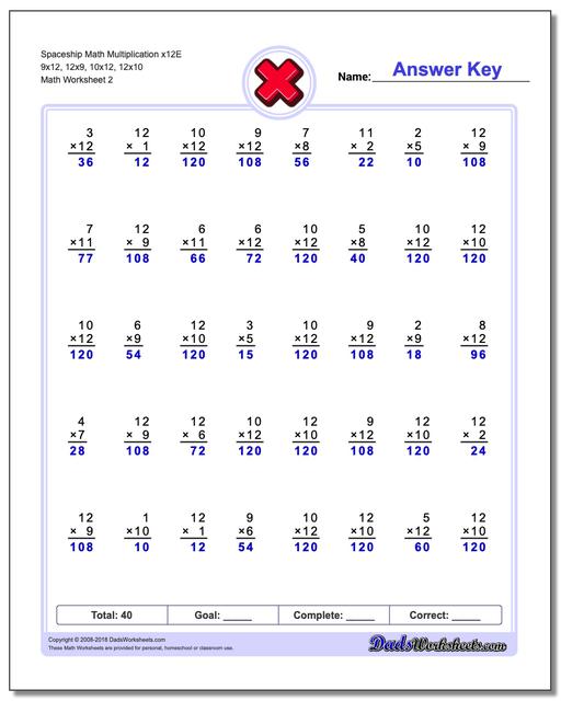 Spaceship Math Multiplication Worksheet x12E 9x12, 12x9, 10x12, 12x10 www.dadsworksheets.com/worksheets/multiplication.html