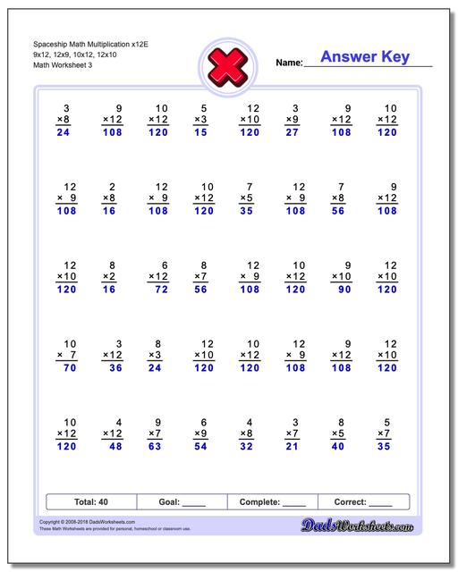 Spaceship Math Multiplication Worksheet x12E 9x12, 12x9, 10x12, 12x10