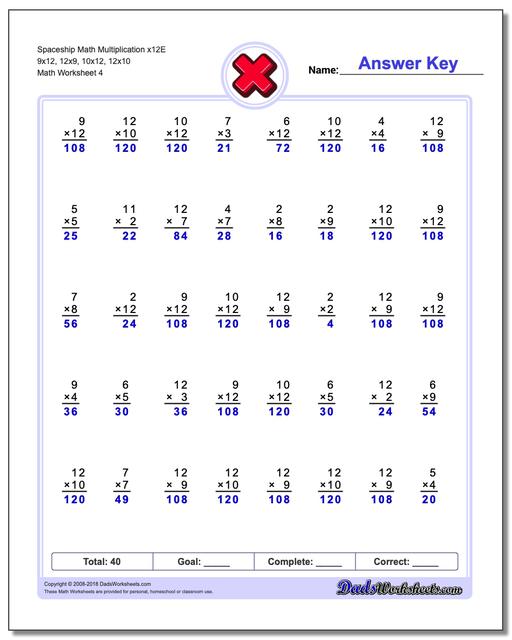Spaceship Math Multiplication Worksheet x12E 9x12, 12x9, 10x12, 12x10