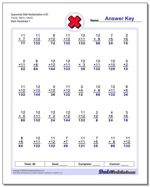 Multiplication Worksheet Spaceship Math x12F 11x12, 12x11, 12x12