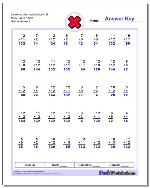 Spaceship Math Multiplication Worksheet x12F 11x12, 12x11, 12x12 www.dadsworksheets.com/worksheets/multiplication.html