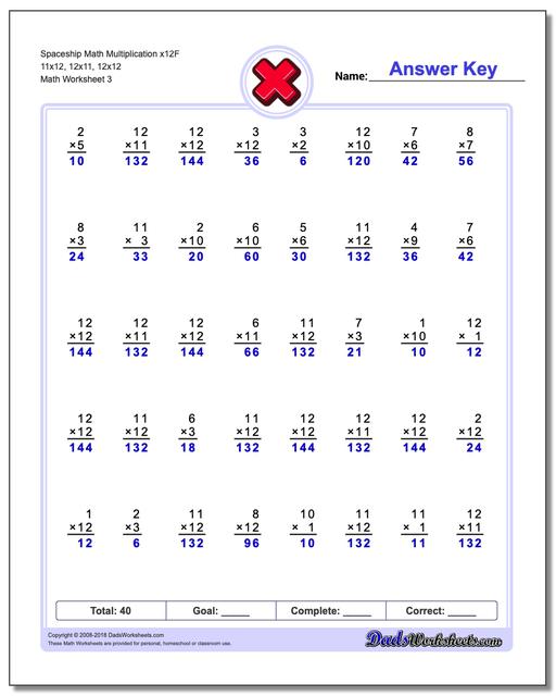 Spaceship Math Multiplication Worksheet x12F 11x12, 12x11, 12x12