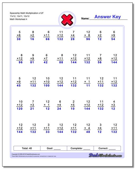 Spaceship Math Multiplication Worksheet x12F 11x12, 12x11, 12x12