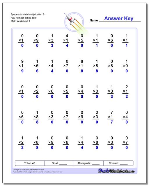 Multiplication Worksheet Spaceship Math B Any Number Times Zero