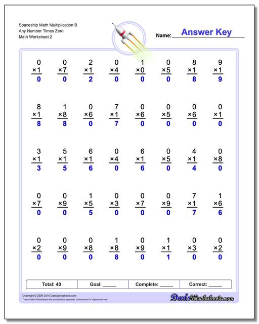 Spaceship Math Multiplication Worksheet B Any Number Times Zero www.dadsworksheets.com/worksheets/multiplication.html