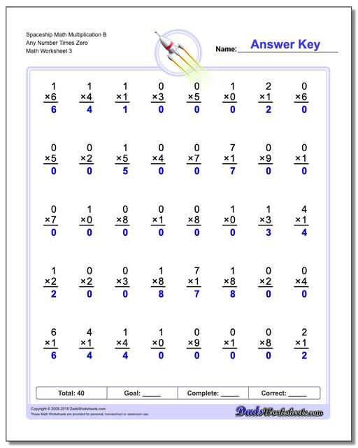 Spaceship Math Multiplication Worksheet B Any Number Times Zero