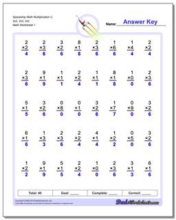 Multiplication Worksheet Spaceship Math C 2x2, 2x3, 3x2