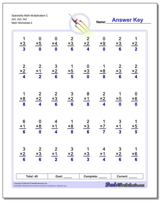 Spaceship Math Multiplication Worksheet C 2x2, 2x3, 3x2 www.dadsworksheets.com/worksheets/multiplication.html