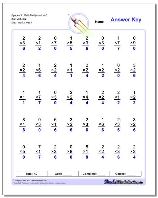 Spaceship Math Multiplication Worksheet C 2x2, 2x3, 3x2