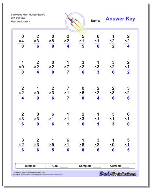 Spaceship Math Multiplication Worksheet C 2x2, 2x3, 3x2