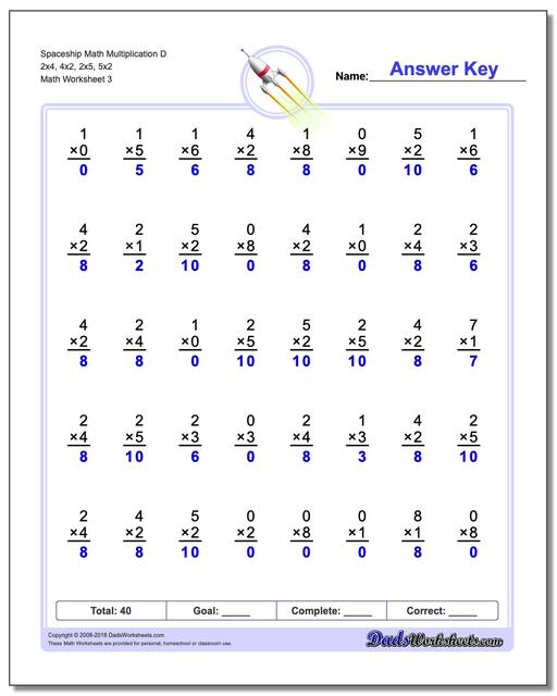 Spaceship Math Multiplication Worksheet D 2x4, 4x2, 2x5, 5x2