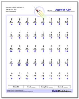 Spaceship Math Multiplication Worksheet D 2x4, 4x2, 2x5, 5x2