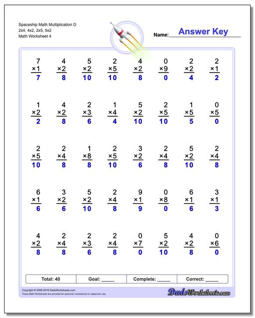 Spaceship Math Multiplication Worksheet D 2x4, 4x2, 2x5, 5x2