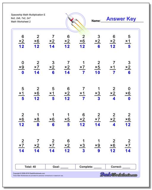 Spaceship Math Multiplication Worksheet E 6x2, 2x6, 7x2, 2x7 www.dadsworksheets.com/worksheets/multiplication.html