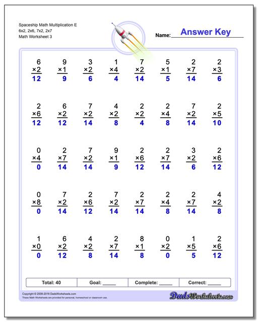Spaceship Math Multiplication Worksheet E 6x2, 2x6, 7x2, 2x7