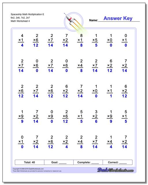 Spaceship Math Multiplication Worksheet E 6x2, 2x6, 7x2, 2x7