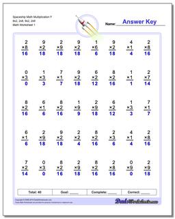 Multiplication Worksheet Spaceship Math F 8x2, 2x8, 9x2, 2x9